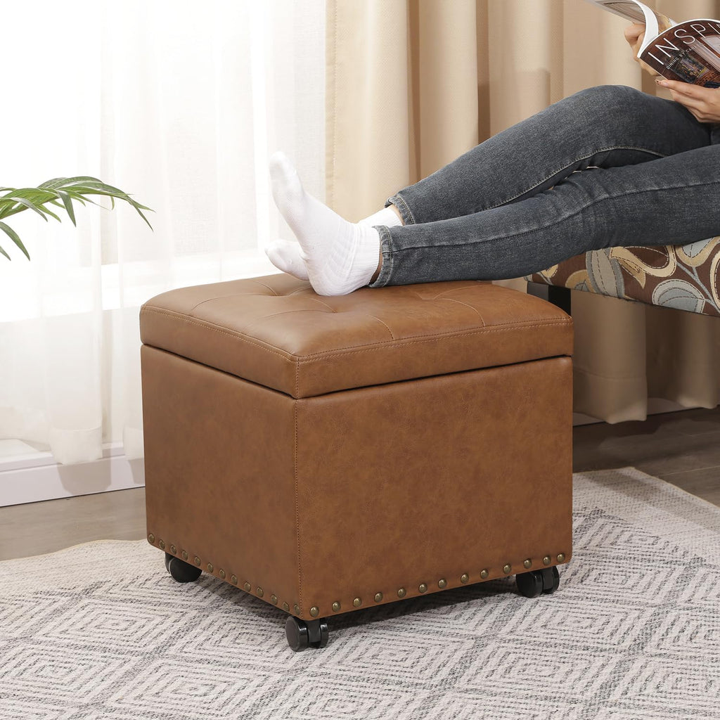 Adeco 16.7" H Vintage Golden Brown Leather Storage Ottoman with 360 Caster Wheels, Square Foot Stool with Decorative Bronze Thumb Tacks & 330 LB Load Capacity