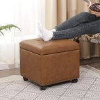 Adeco 16.7" H Vintage Golden Brown Leather Storage Ottoman with 360 Caster Wheels, Square Foot Stool with Decorative Bronze Thumb Tacks & 330 LB Load Capacity