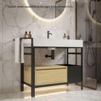 36" Bathroom Console Sink with Metal Legs, Bathroom Vanity with White Sink, Storage Drawer and Metal Basket, Utility Sink for Hotel, Laundry Room, Garage, Basement