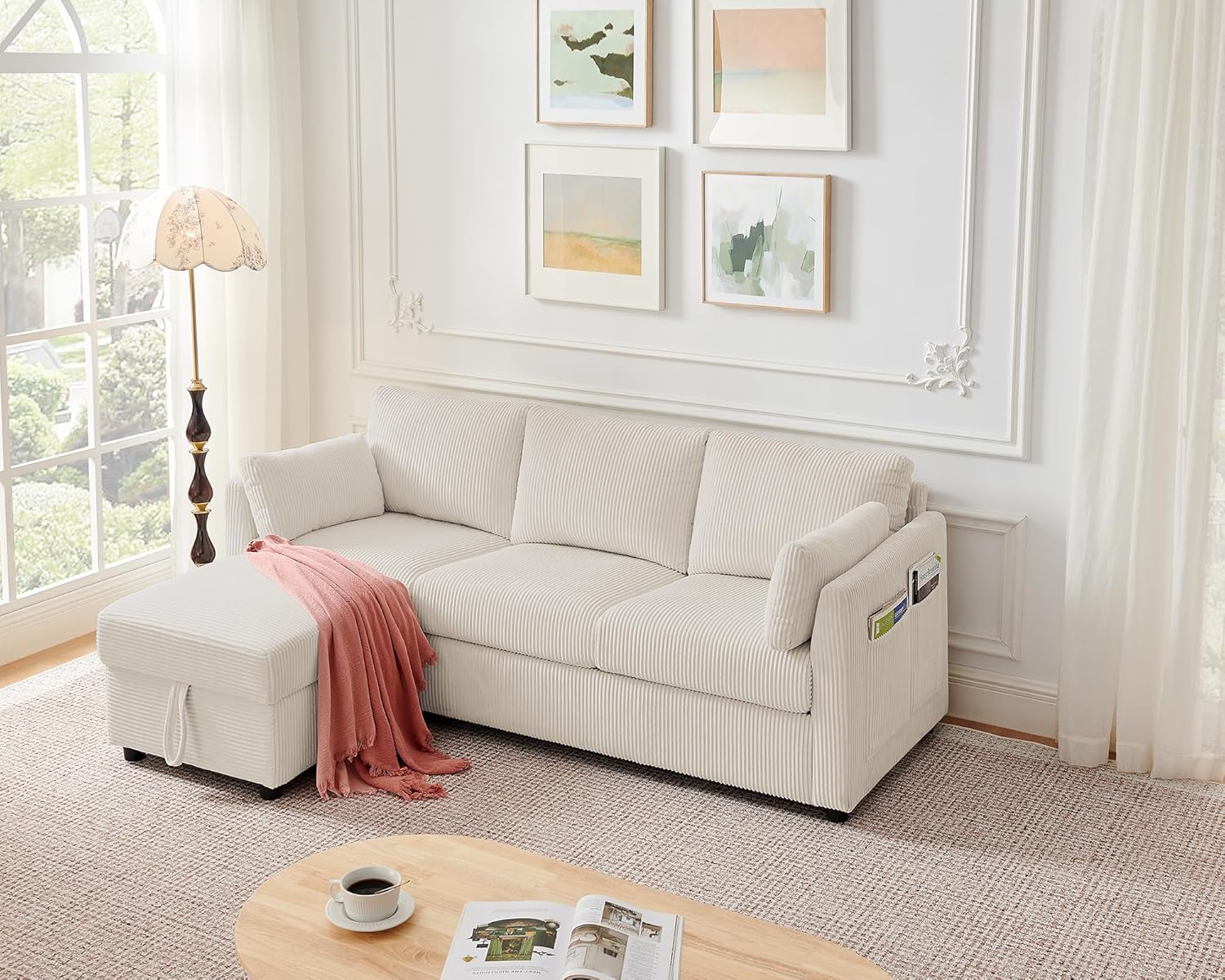 Corduroy Storage Ottoman for Living Room Sofas Couches, Square Ottoman with Storage Space Foot Rest Stool for Apartment, Dorm, Entryway, Beige