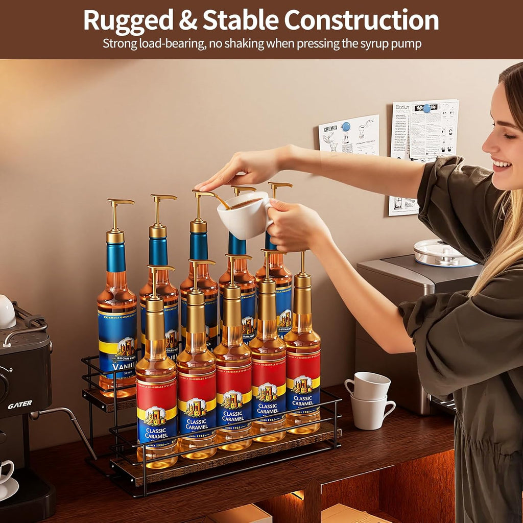 Nuovoware Coffee Syrup Organizer, 2-Tier 10 Bottles Bar Organizer, Separable Metal Rack with Wooden Base Whiskey Wine Dressing for Countertop Kitchen Coffee Bar, Black