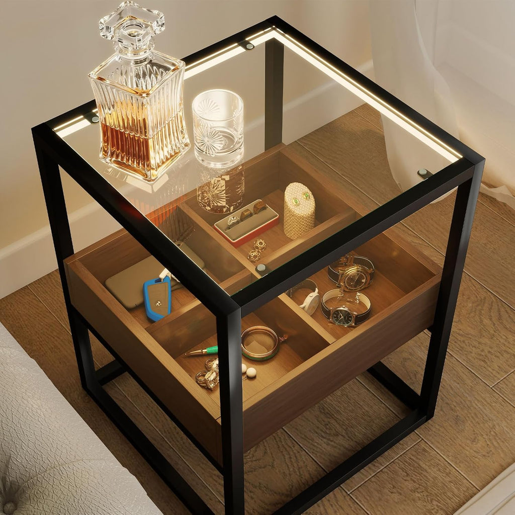 Top Tempered Glass End Table or Nightstand with USB Port and Dimmable Warm Brown COB Strip Light for Living Room & Bedroom﻿ (Brown)