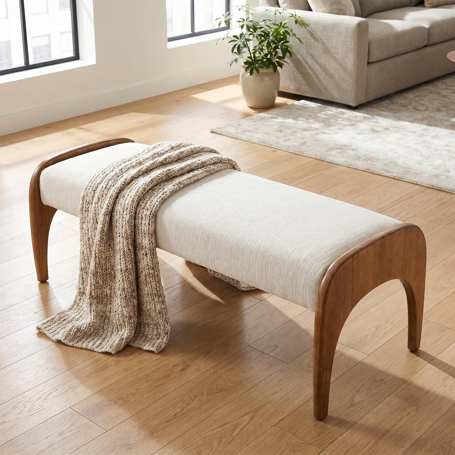 LukeAlon Extra Long Upholstered Bench, 51" Wide Mid-Century Modern Bench with Curved Solid Wood Legs, Comfy Linen Fabric Seat for Bedroom End of Bed, Living Room, Dining Table, Entryway Hallway