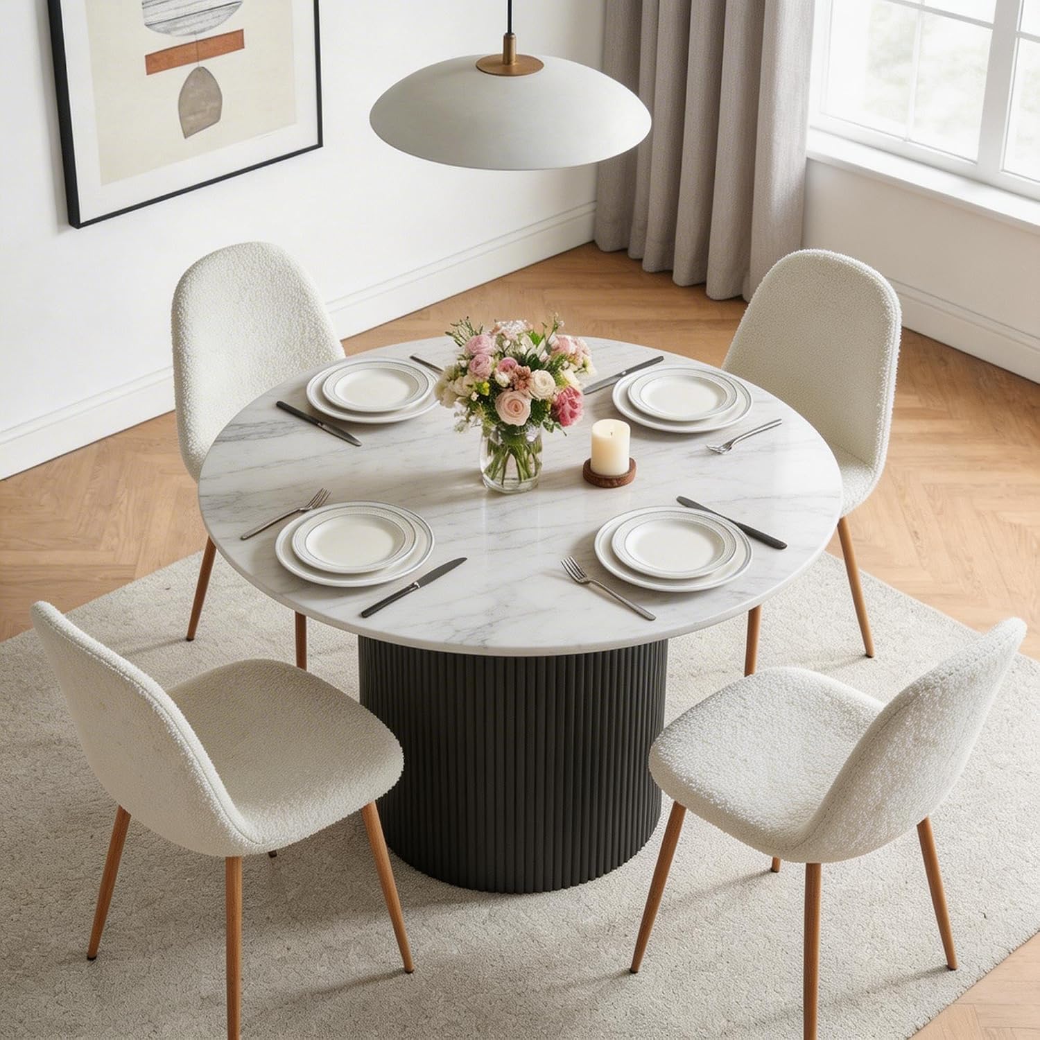 Dining Table Set for 4, Mid Century Modern 47 Inch White Marble-Look Wooden Round Dining Table Set, Space Saving (Table + 4 White Chairs)