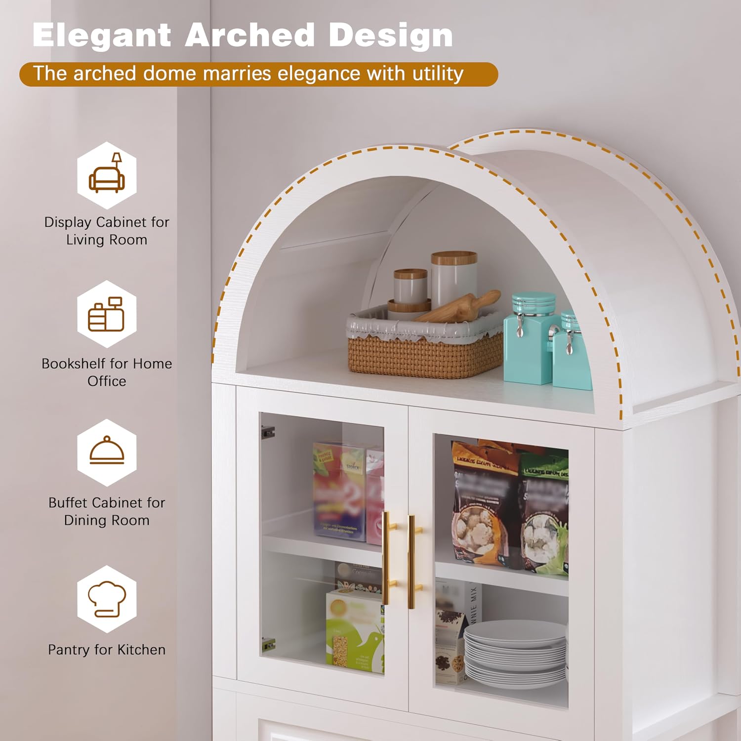 KEIKI 71" Tall Arched Kitchen Pantry Cabinet with Glass Door,Drawer,Farmhouse Storage with Adjustable Shelves Design for Kitchen,Living & Dining Room