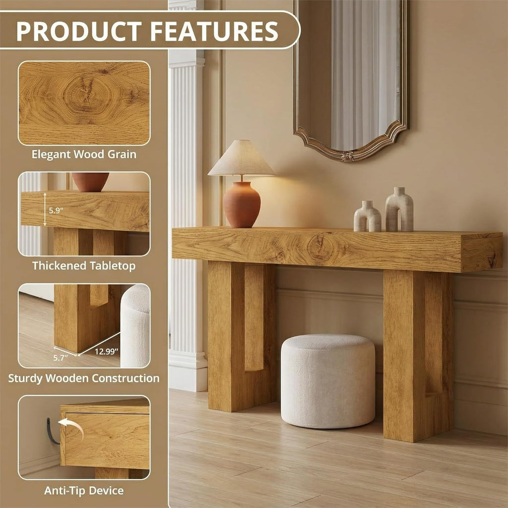FURSUN 63" Farmhouse Console Table with Drawers, Narrow Sofa Table Behind Couch, Slim Entryway Table with Storage for Hallway, Living Room, Natural Oak