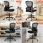 Drafting Chair, Tall Office Chair for Standing Desk, Mesh High Desk Chair with Flip-Up Armrests, Ergonomic Office Chair with Lumbar Support, Adjustable Footrest Ring Studio Chair, Black