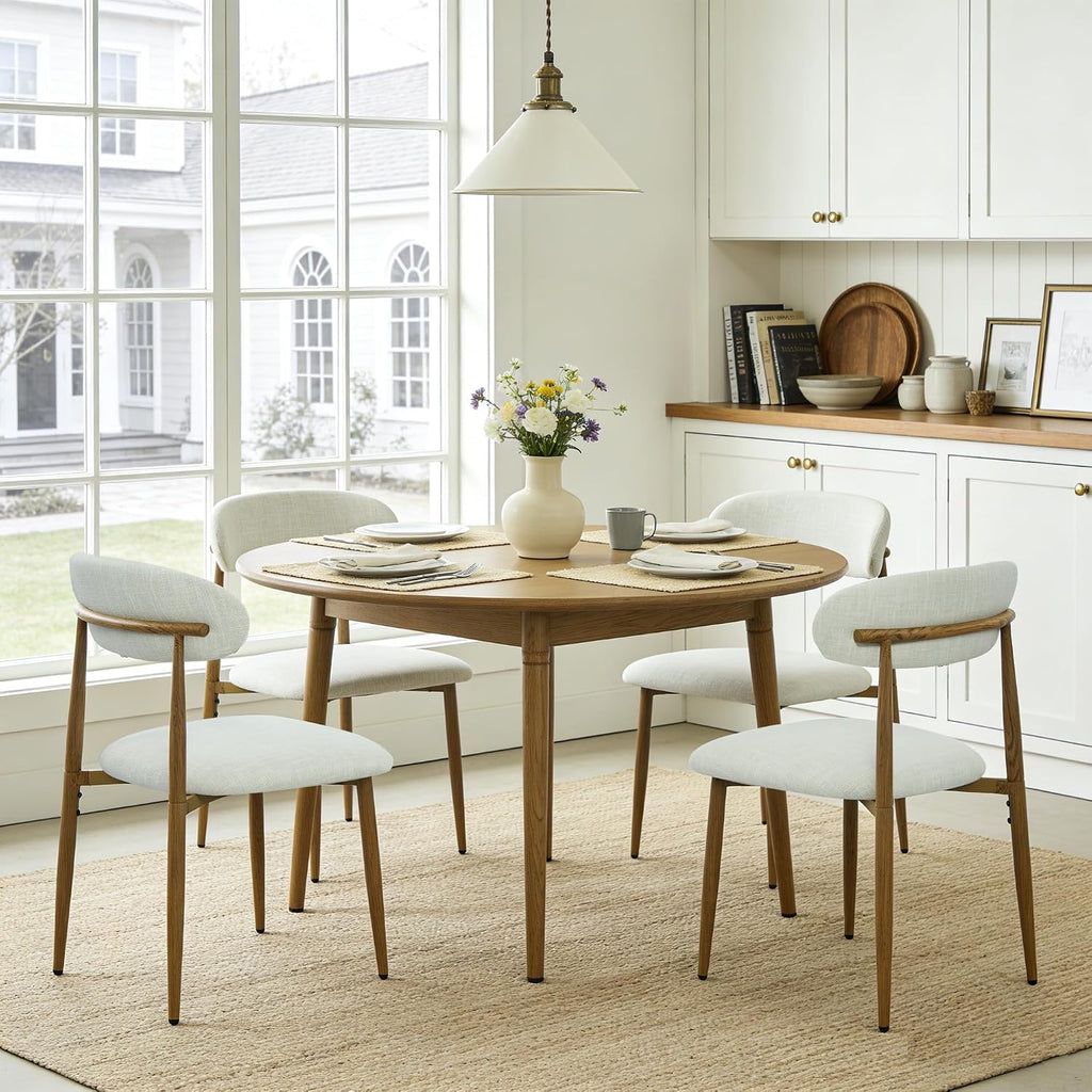 FREKEN Modern Upholstered Dining Chairs Set of 4, Mid-Century Metal Frame with Wood Grain, Linen Fabric Side Chair for Kitchen Dining Room, 350lbs Capacity, Beige