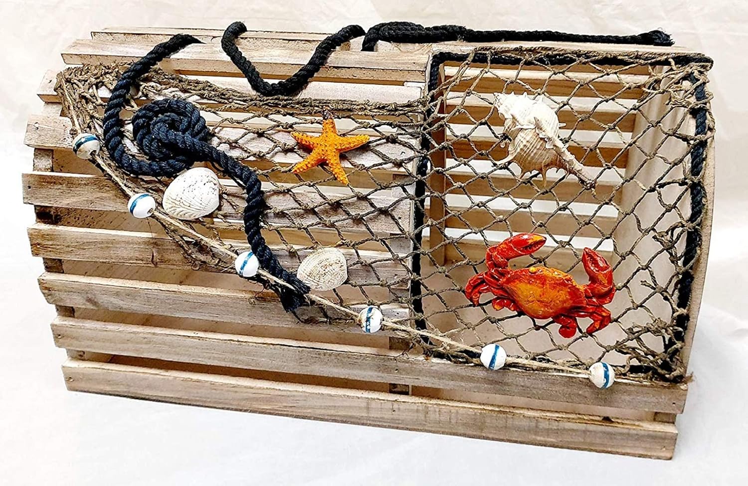 Decorative Lobster Trap Decor – Well Crafted Distressed Wood - Features Fishnet, Seashells Crab Starfish - Nautical Decorations for Home, Boats and Beach House - Decorative Crab Trap Gift Box