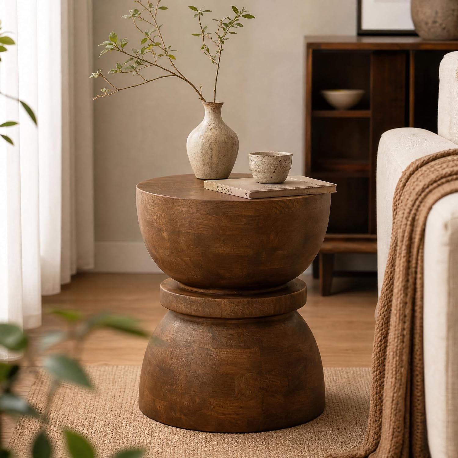 YESWOOD Round End Table, Mid Century Modern Side Table, Circle Bedside Tables Drink Table Mango Wood Nightstand for Small Spaces, Living Room