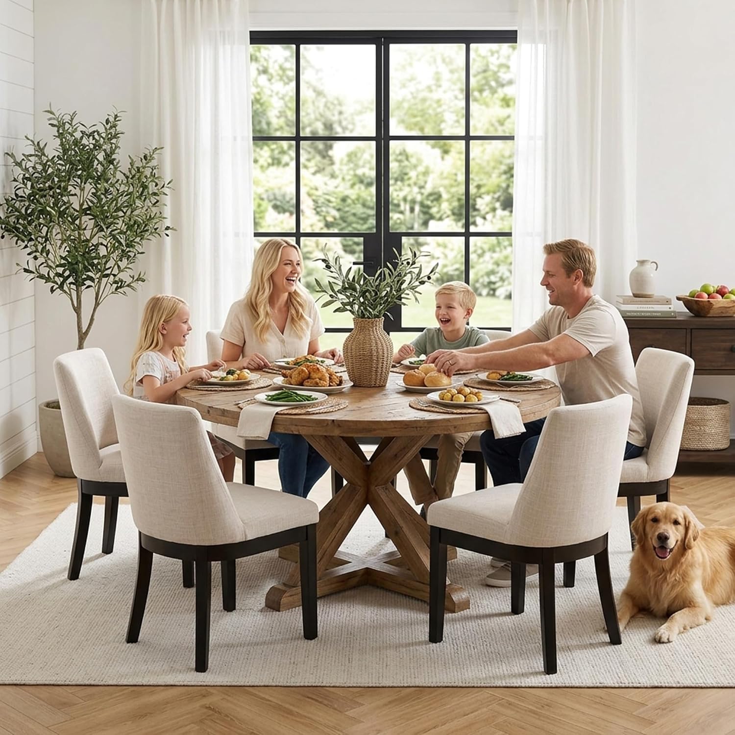 HNY Modern Dining Chairs Set of 4 with Comfortable Back Support, Farmhouse Soft Linen Upholstered Dining Room Chairs with Black Solid Wood Legs, Armless Kitchen Side Chairs for Living Room, Beige