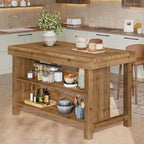 Kitchen Island with Storage, Solid Wood Kitchen Island Table | Solid Wood; 2-Tier Open Storage Shelves and Seating; Farmhouse; for Kitchen, Dining Room