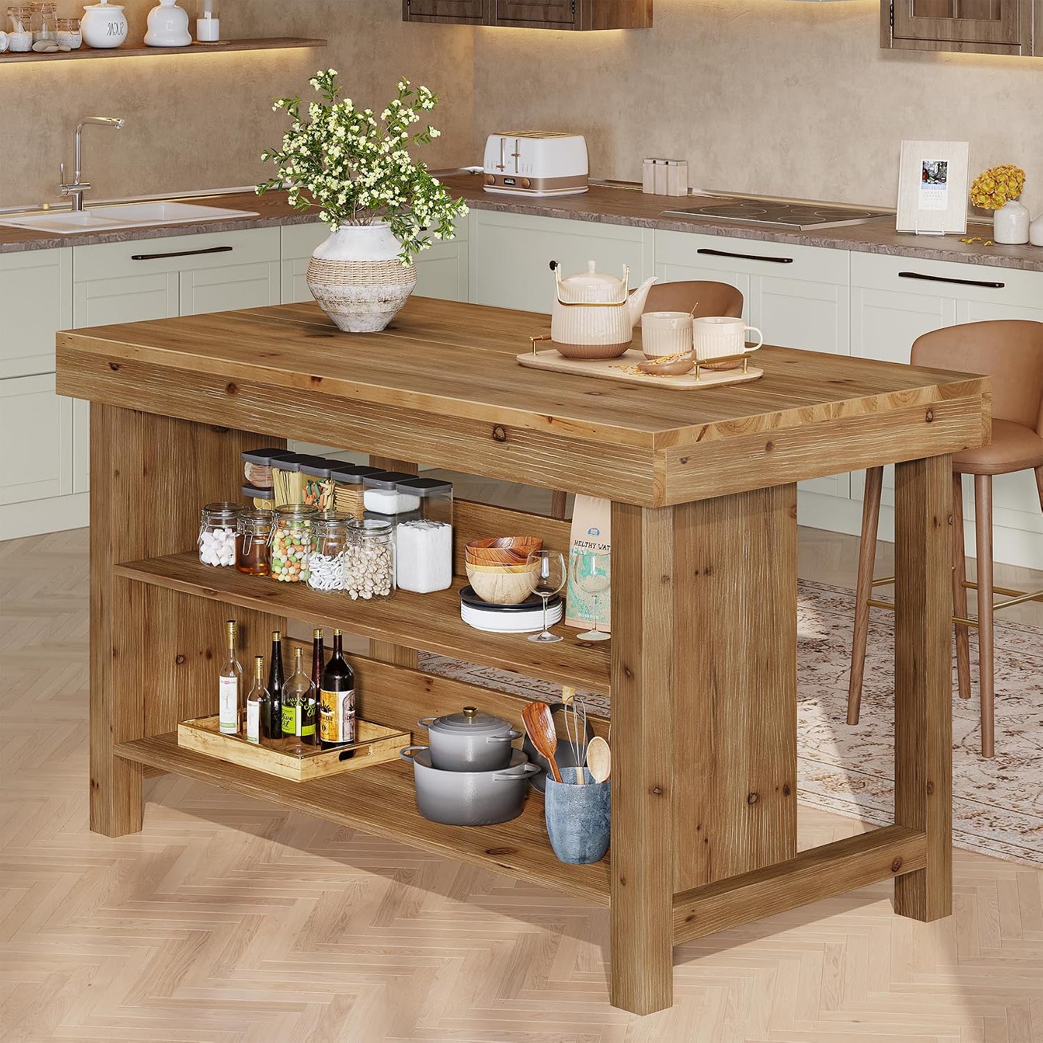 Kitchen Island with Storage, Solid Wood Kitchen Island Table | Solid Wood; 2-Tier Open Storage Shelves and Seating; Farmhouse; for Kitchen, Dining Room