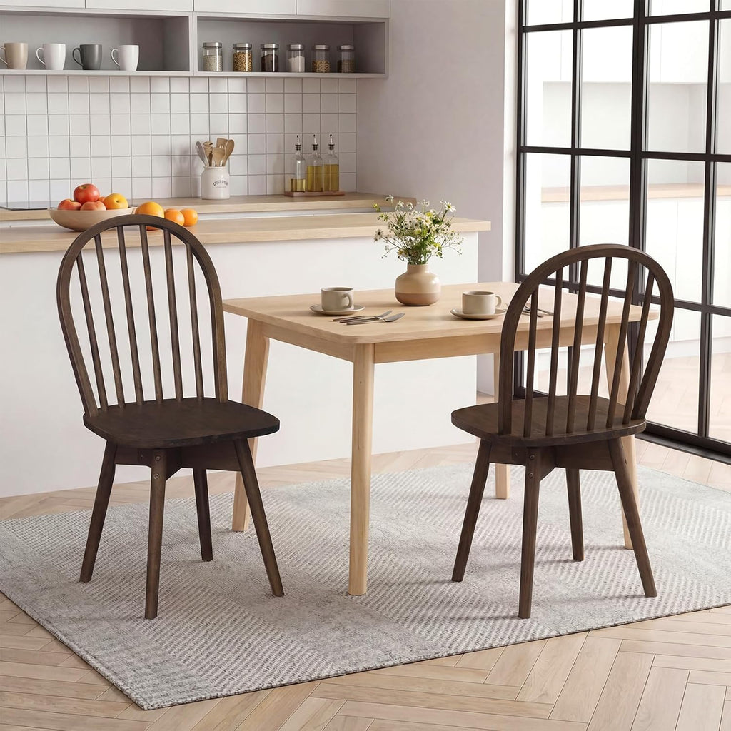 Giantex Windsor Dining Chairs Set of 2, Farmhouse Swivel Kitchen Chairs with Spindle Back, Solid Rubber Wood Frame, Mid Century Armless Dining Room Chairs for Home Kitchen Restaurant, Walnut