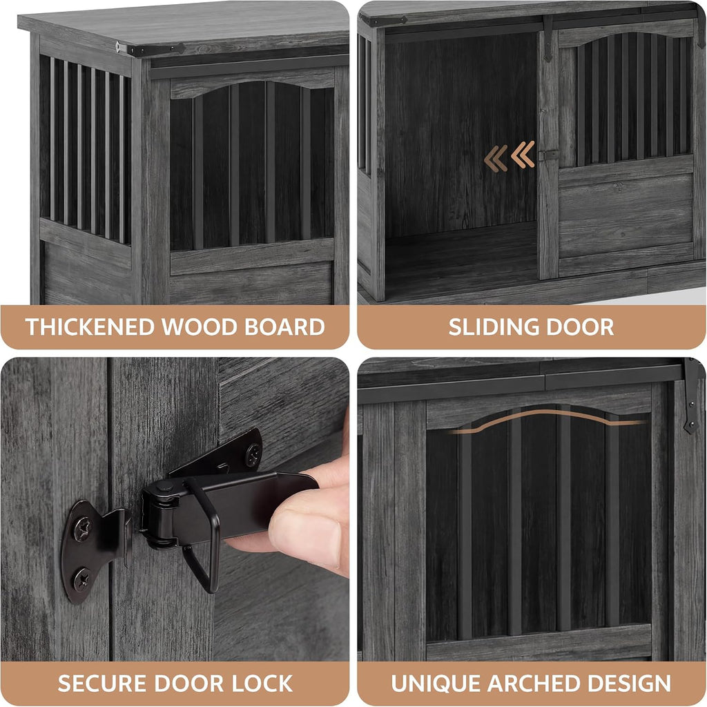 Homiflex 53 Inch Wooden Dog Crate Furniture Heavy Duty Dog Kennel Furniture with Sliding Doors for Large Breed Decorative Solid Wood Dog Cage End Table for Indoor, Grey