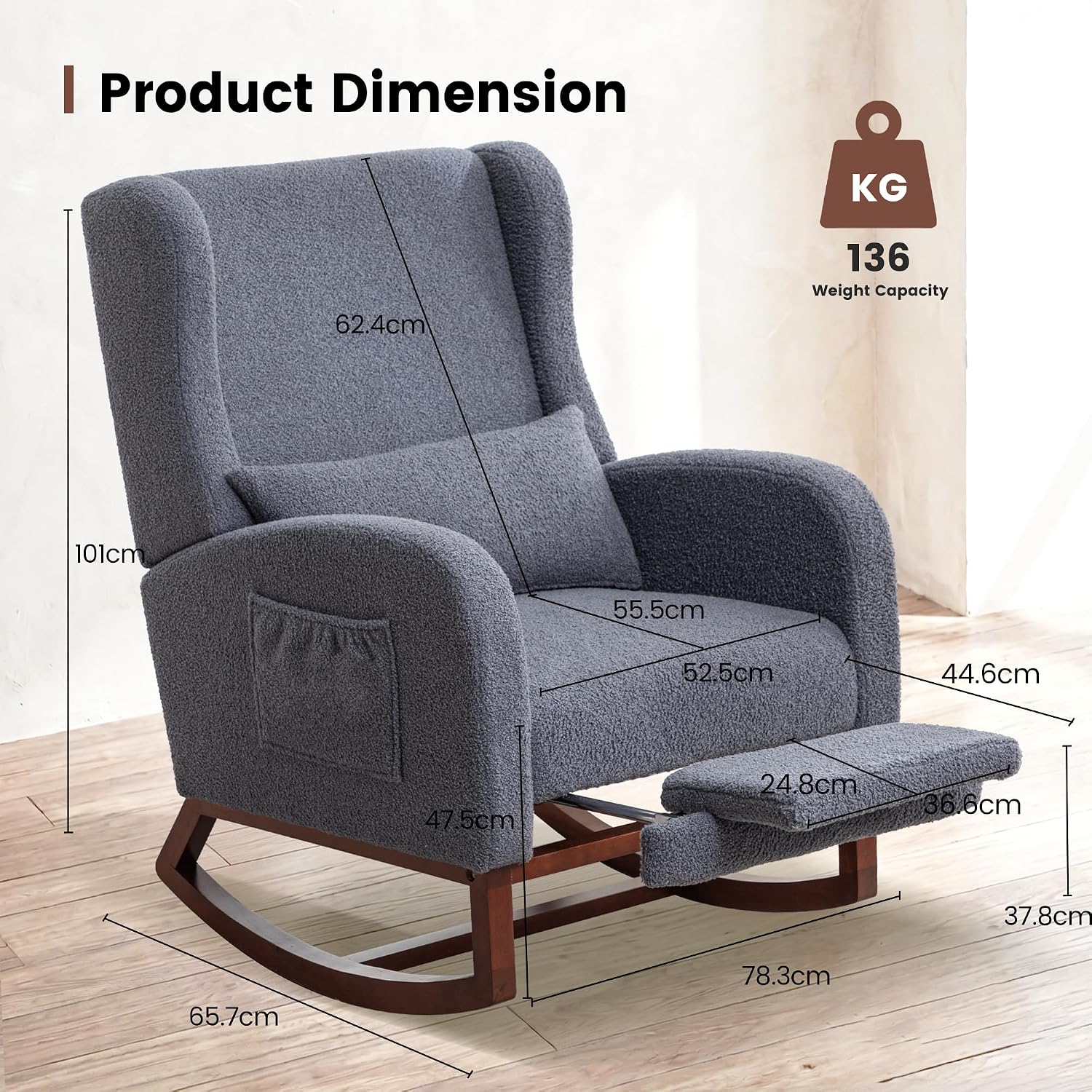 Nursery Rocking Chair,Rocking Chair with Foot Rest,Nursery Rocker Comfy Glider Nursing Chair with Back Pillow for Living Room,Bedroom,Dark Grey