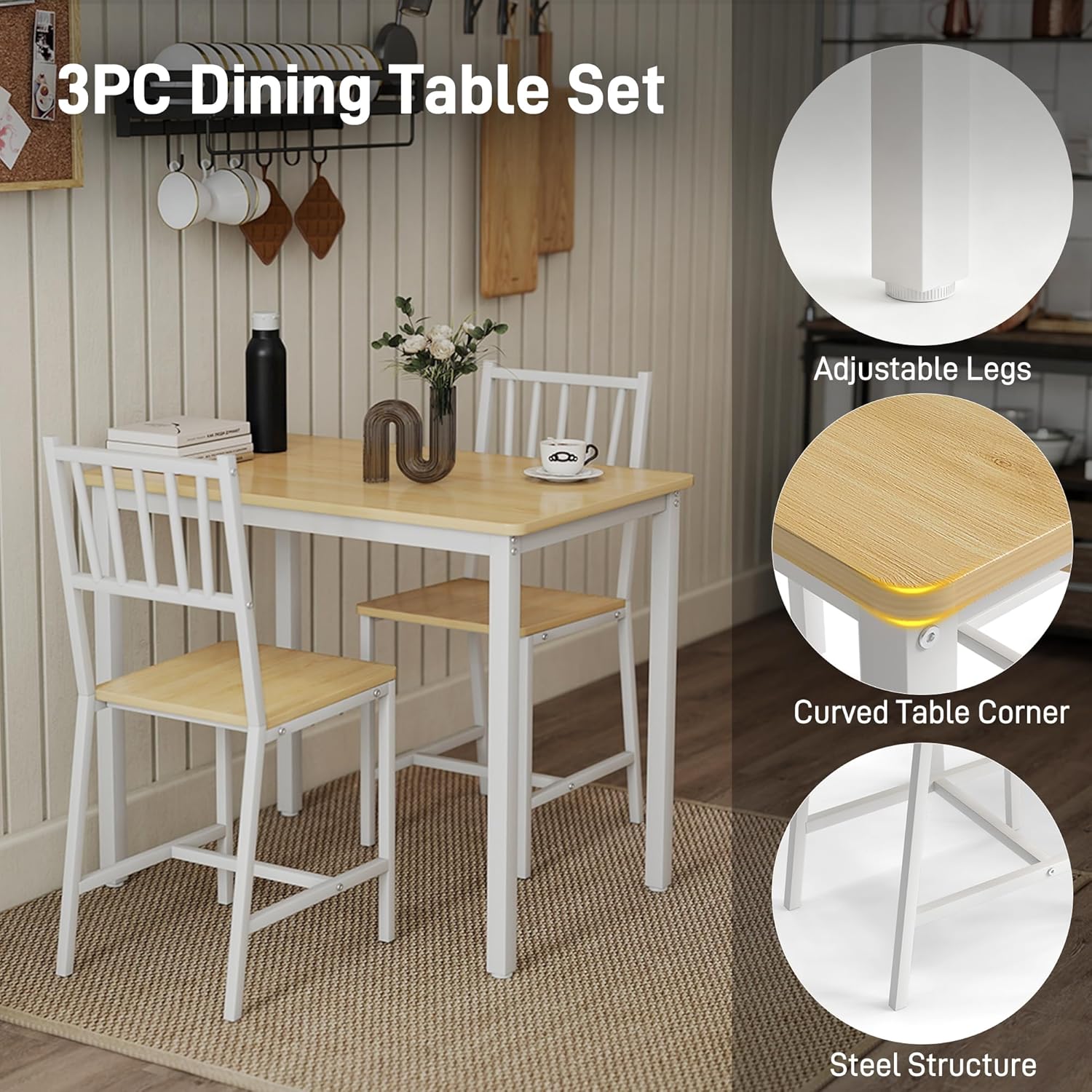 3-Piece Dining Table Set for 2, Space-Saving Kitchen Table Set for Small Spaces, Industrial Breakfast Table for Apartment, Studio & Nook, Natural Wood & Metal,Natural