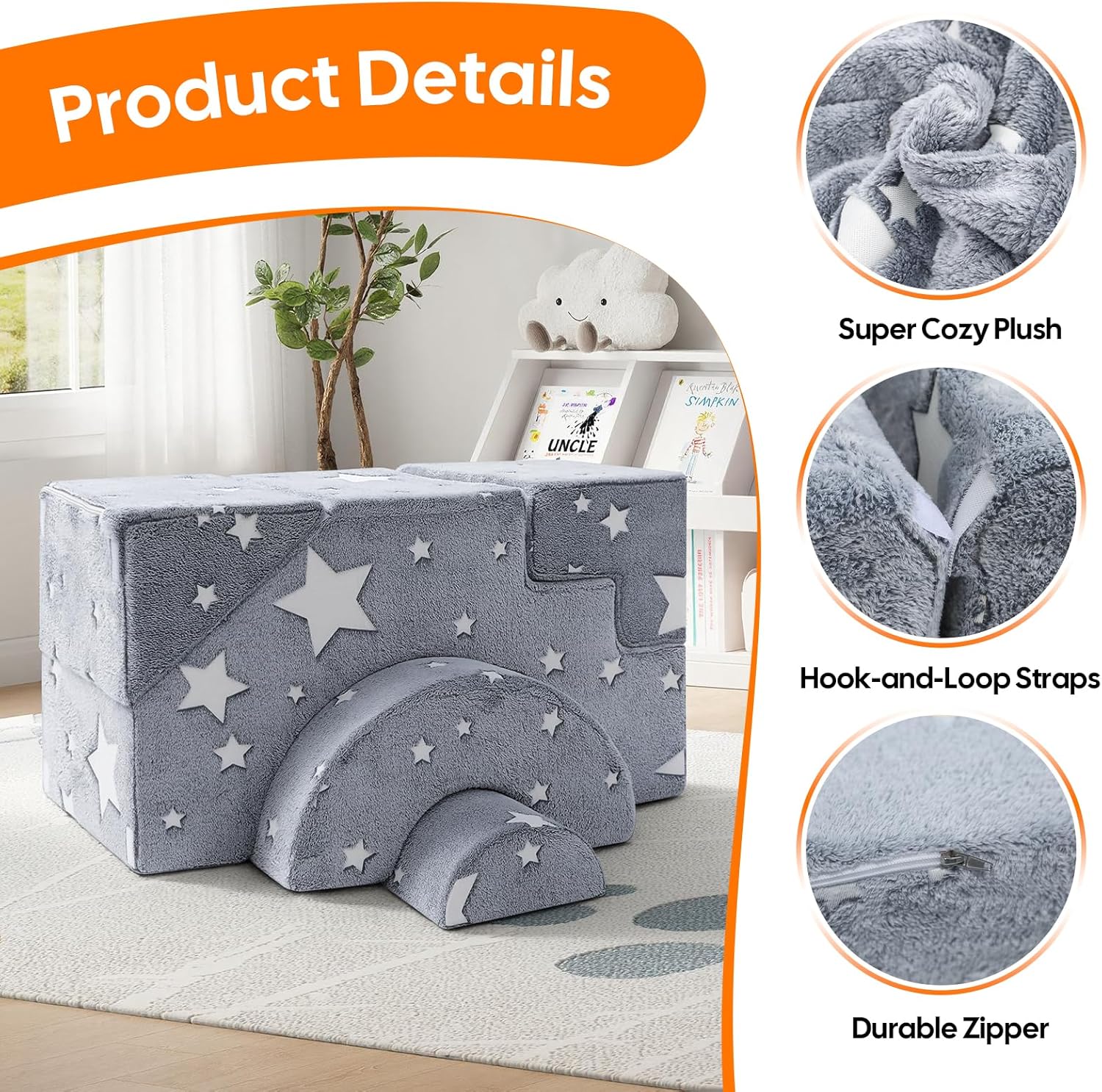 MeMoreCool Toddler Foam Climbing Couch – Modular Kids Sofa with Slide & Stairs | Convertible Sectional Play Couch for Babies & Toddlers, Glow‑in‑the‑Dark Stars, Soft Foam Playroom Furniture