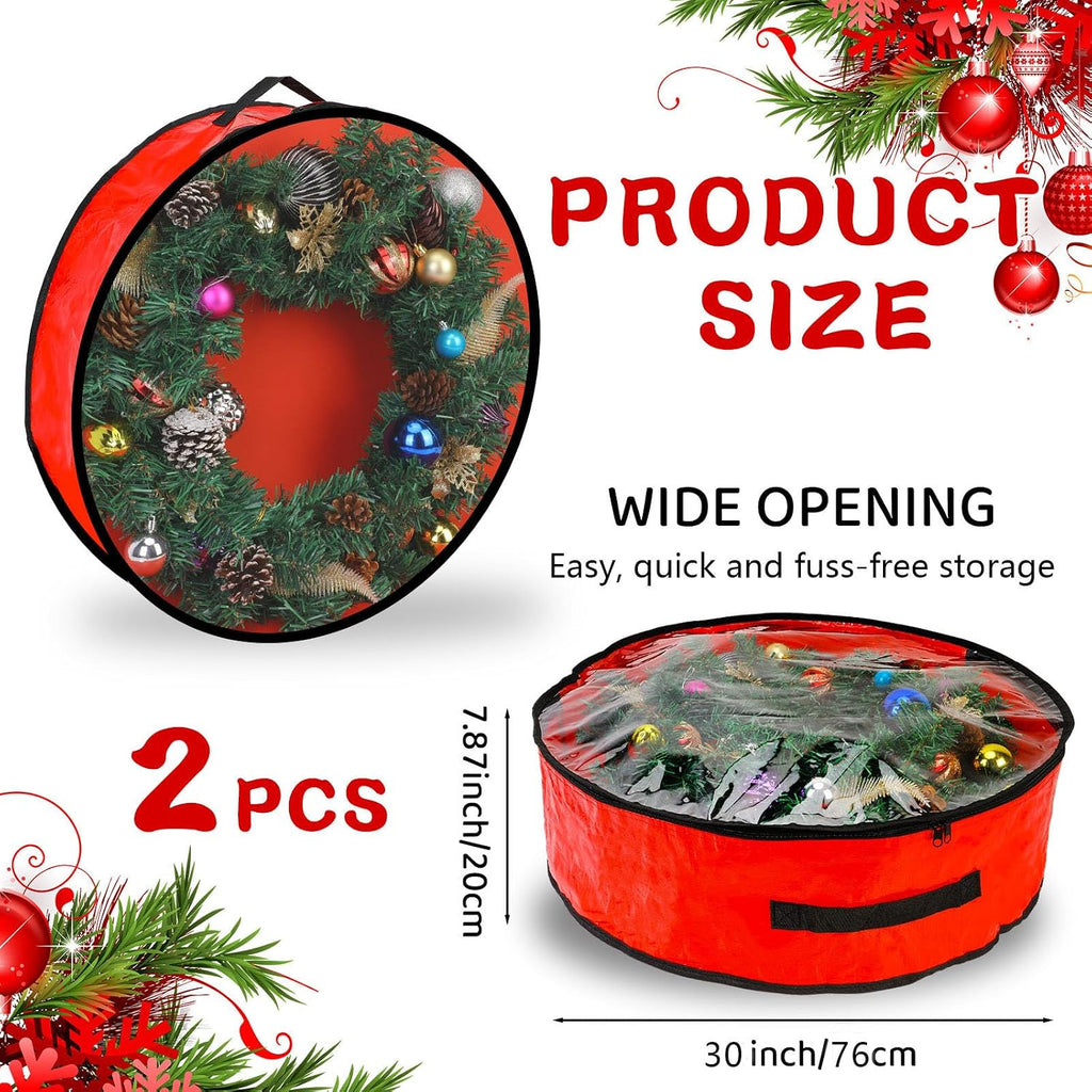Pwsap 2 Pack Christmas Wreath Storage Container - 30 Inch, Garland Storage, Christmas Large Wreath Storage Container Cover, Durable Tarp Material, Dual Zipper Storage Bag for Xmas Holiday, Red