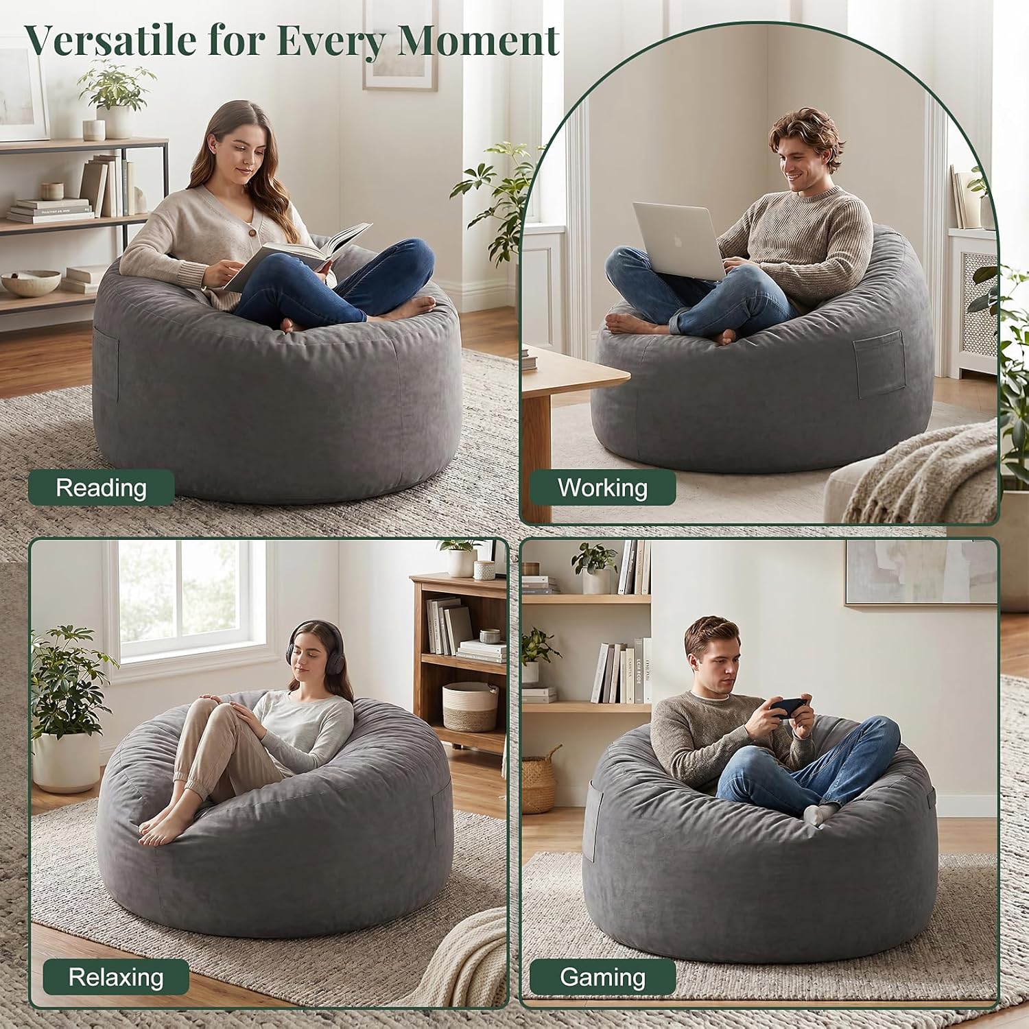 Bean Bag Chair, Bean Bags for Adults and Kids, Chair with Memory Foam Filled, Bean Bag Couch with Backrest and Armrests, Comfy Sofa for Living Room, Bedroom and Dorm, Dark Grey 36"