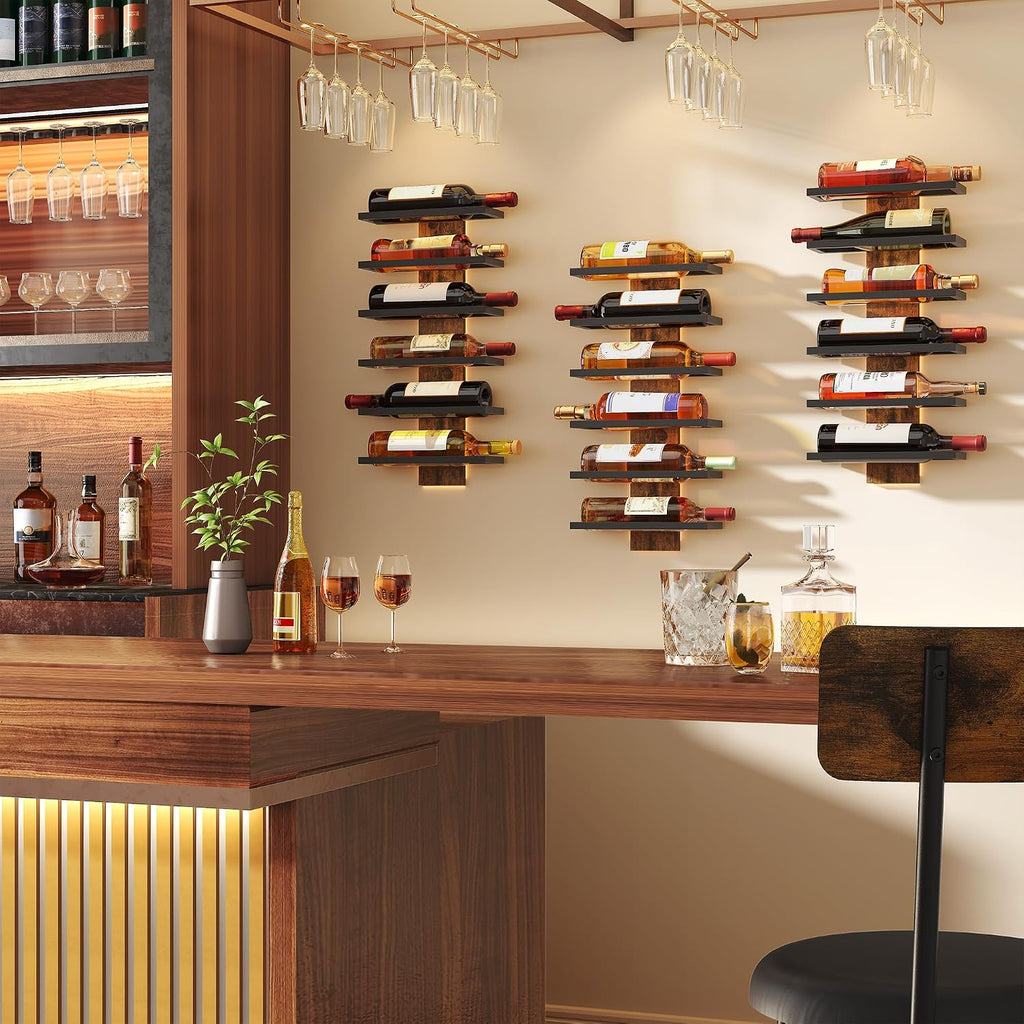 Hoctieon 2-Set 6 Tier Wall Mount Wine Rack, Wall Mounted Wine Bottle Racks for Display and Storage, Hanging Bottle Holder, for Living Room, Dining Room, Bar, Wine Cellar, Rustic Brown
