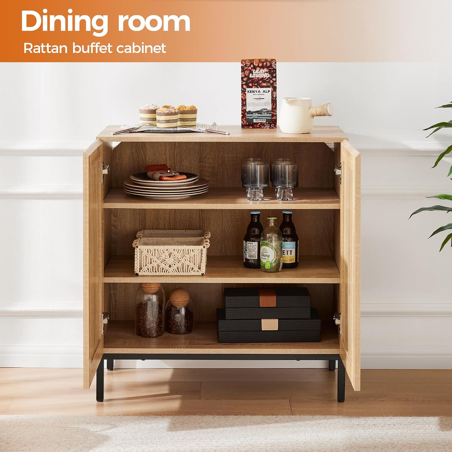 Mericonia Buffet Cabinet with Storage, Sideboards 2 Doors with Metal Base and Adjustable Shelf for Kitchen, Coffee Bar, Entryway, Hallway,Living Room (2 Door Buffet Cabinet, Rattan-Natural 2.0)