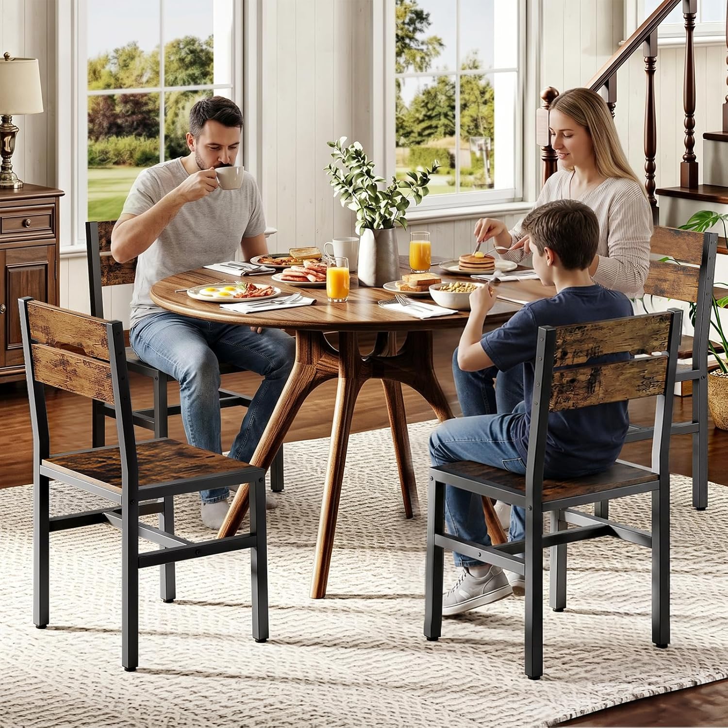 RALGEND Dining Chairs Set of 4, Rustic Wooden Kitchen Chairs with Backrests and Metal Frame, Modern Farmhouse Dinner Chairs for Kitchen, Easy Assembly, Living Room, Dining Room, Rustic Brown and Black