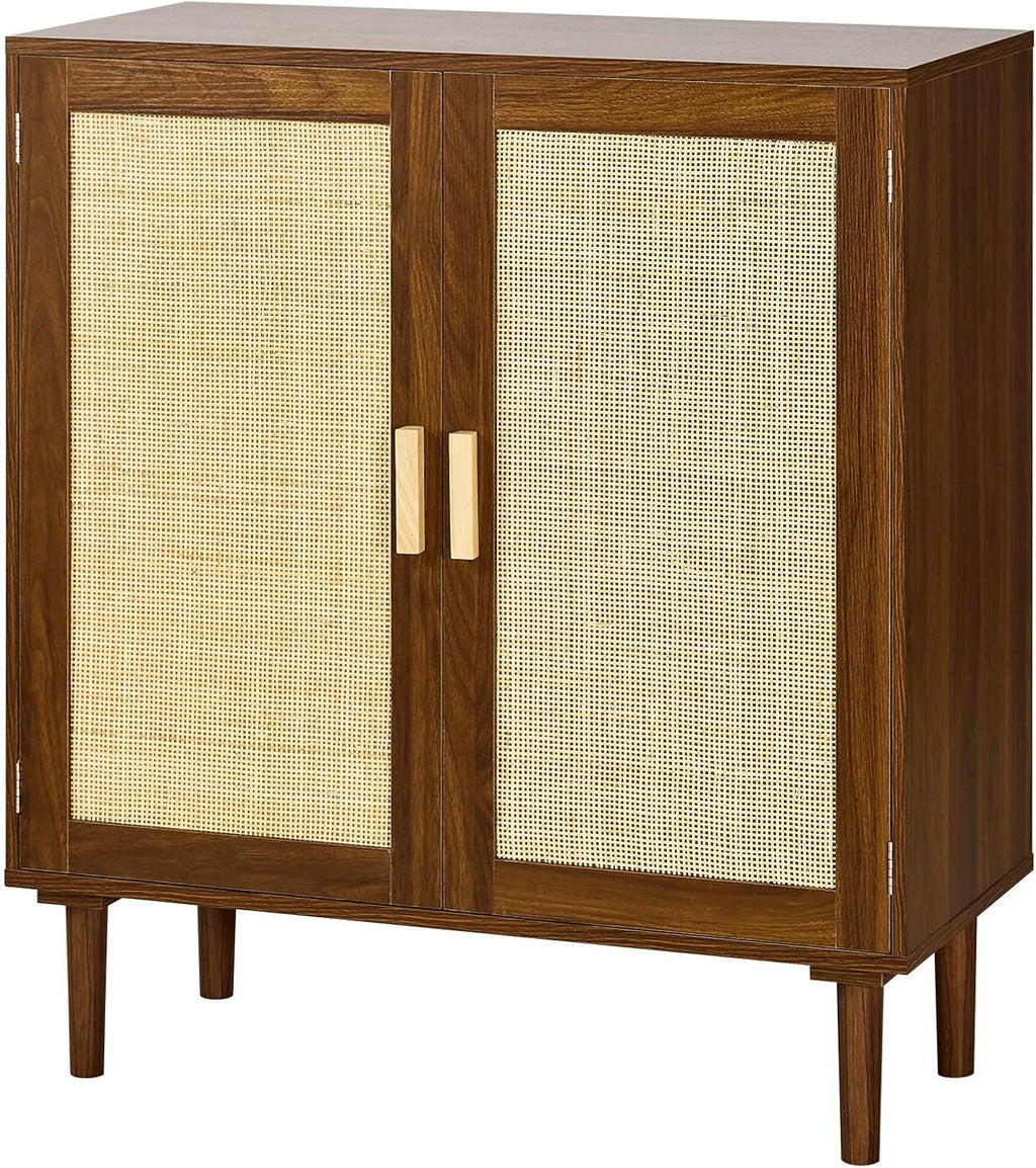 VEVOR Rattan Cabinet, Rattan Storage Cabinet with 2 Magnetic Doors and Adjustable Shelves, Accent Sideboard Buffet with Wooden Legs & Power Cord Hole for Hallway, Entryway, Living Room, Kitchen, Brown