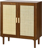 VEVOR Rattan Cabinet, Rattan Storage Cabinet with 2 Magnetic Doors and Adjustable Shelves, Accent Sideboard Buffet with Wooden Legs & Power Cord Hole for Hallway, Entryway, Living Room, Kitchen, Brown