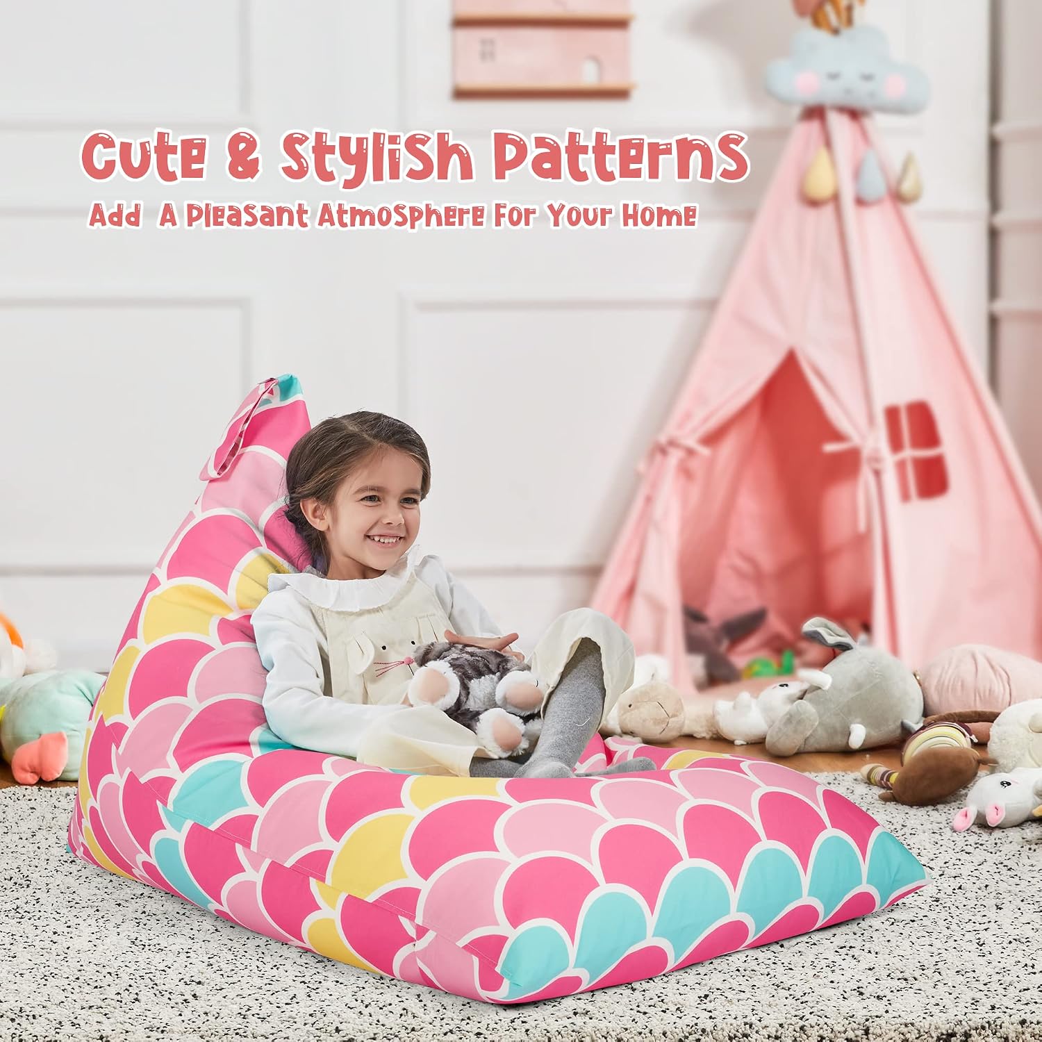Stuffed Animal Storage Bean Bag Chair Cover for Kids Teens (No Filler) 250L Washable Large Beanbag Cover for Kids' Room Organizing Plush Toys or Home Living Room Textile,Mermaid