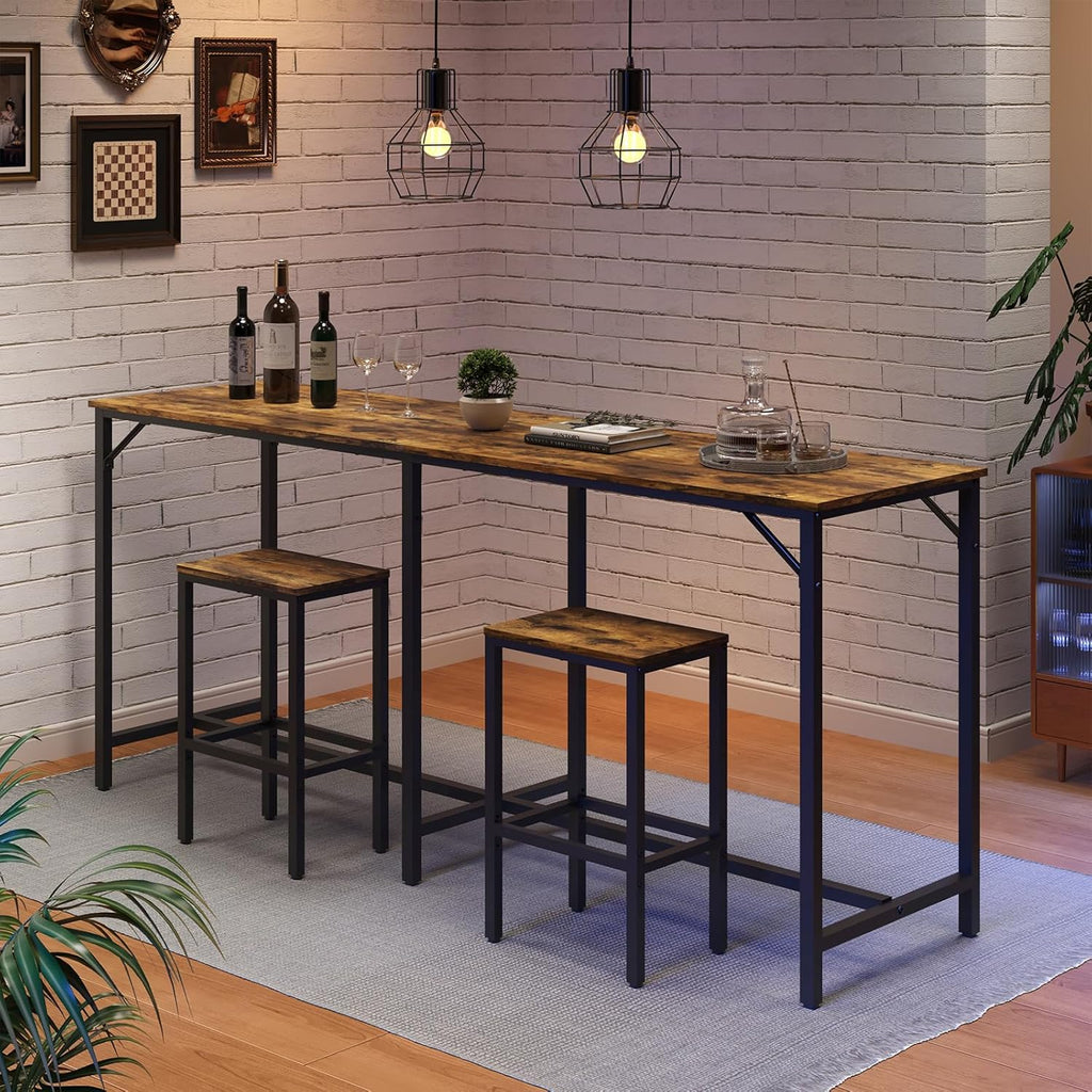 YATINEY 70.9" Bar Table and Chairs Set, Dining Table and Chair Sets, 3 Piece Counter Height Table and 2 Stools, Kithcen Table for Home Restaurant, Bar, Rustic Brown BT09BR