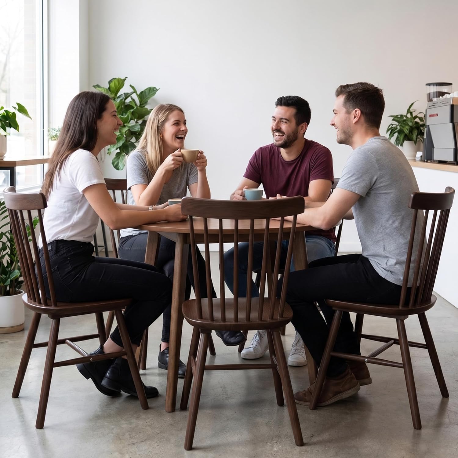AreShark Windsor Dining Chairs, Farmhouse Wooden Dining Room Chairs, Solid Wood Kitchen Chairs with Spindle Back Set of 4, Brown