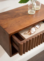 Kate and Laurel Reid Ribbed Wooden Tiered Floating Side Table, 18 x 10 x 9, Walnut Brown, Modern Rectangular Mango Wood Floating Nightstand with Drawer for Bedroom Storage or Living Room End Table