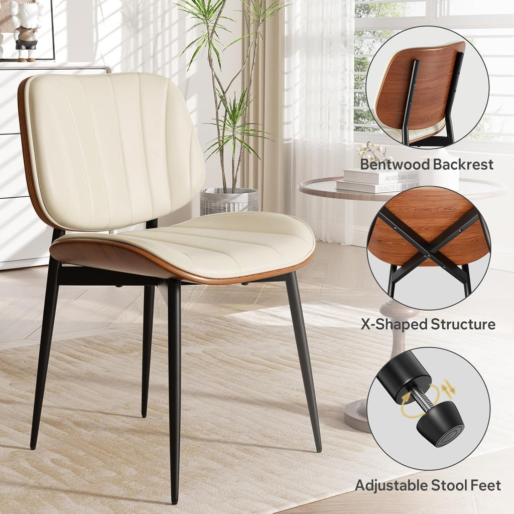 Dining Chairs Set of 2, Mid Century Modern Dining Room Chairs, Upholstered Faux Leather Kitchen Chairs with Walnut Bentwood Back and Metal Legs for Kitchen Dining Room Living Room, PU Beige