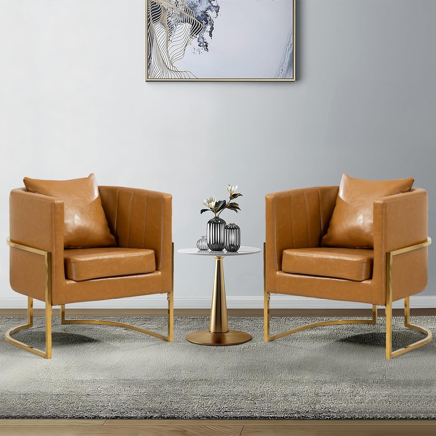 Leather Accent Chairs Set of 2, Mid Century Modern Upholstered Barrel Armchair with Pillow for Living Room, Comfy Single Vanity Chair with Metal Gold Legs for Bedroom, Orange