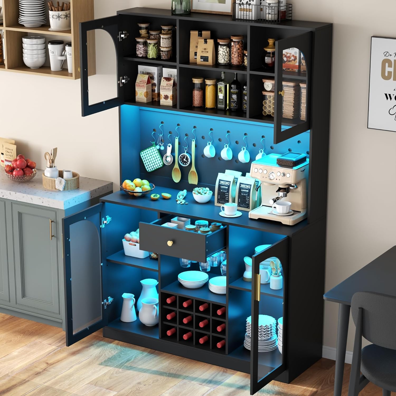 72" Tall Wine Bar Cabinet with LED Lights, Coffee Bar Cabinet with Storage Drawer & Hutch & Pegboard, Modern Liquor Cabinets with 9-grid Wine & Glass Racks,Pantry Cabinet for Kitchen,Living Room,Black