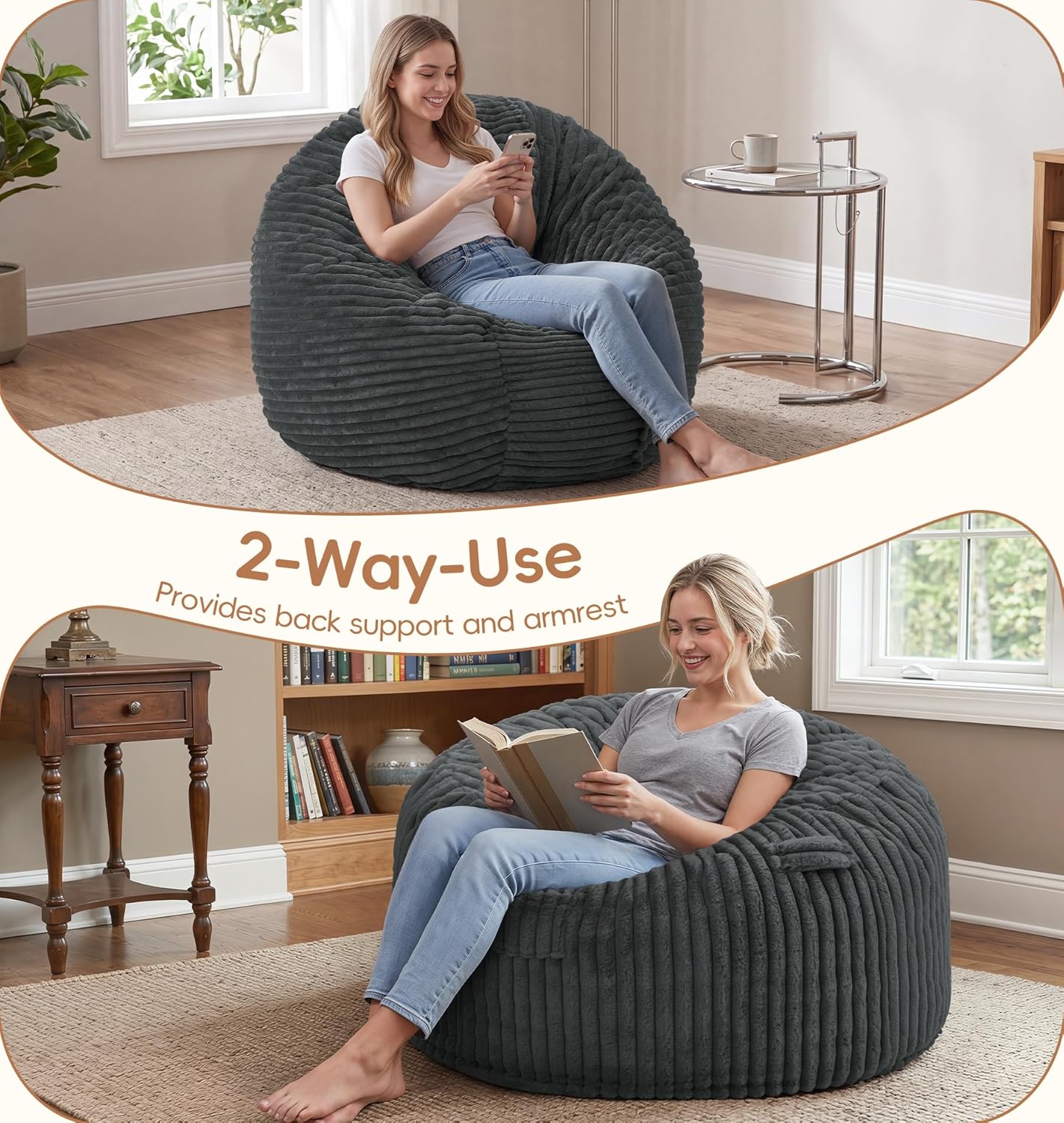 fond + found 3FT Bean Bag Chair Bean Bag Chairs for Adults with Memory Foam Removable Cover Stripe Plush, Adult Bean Bag Chairs for Living Room Bedroom Gaming Dorm Office-Dark Grey(36” x 36” x 22”)