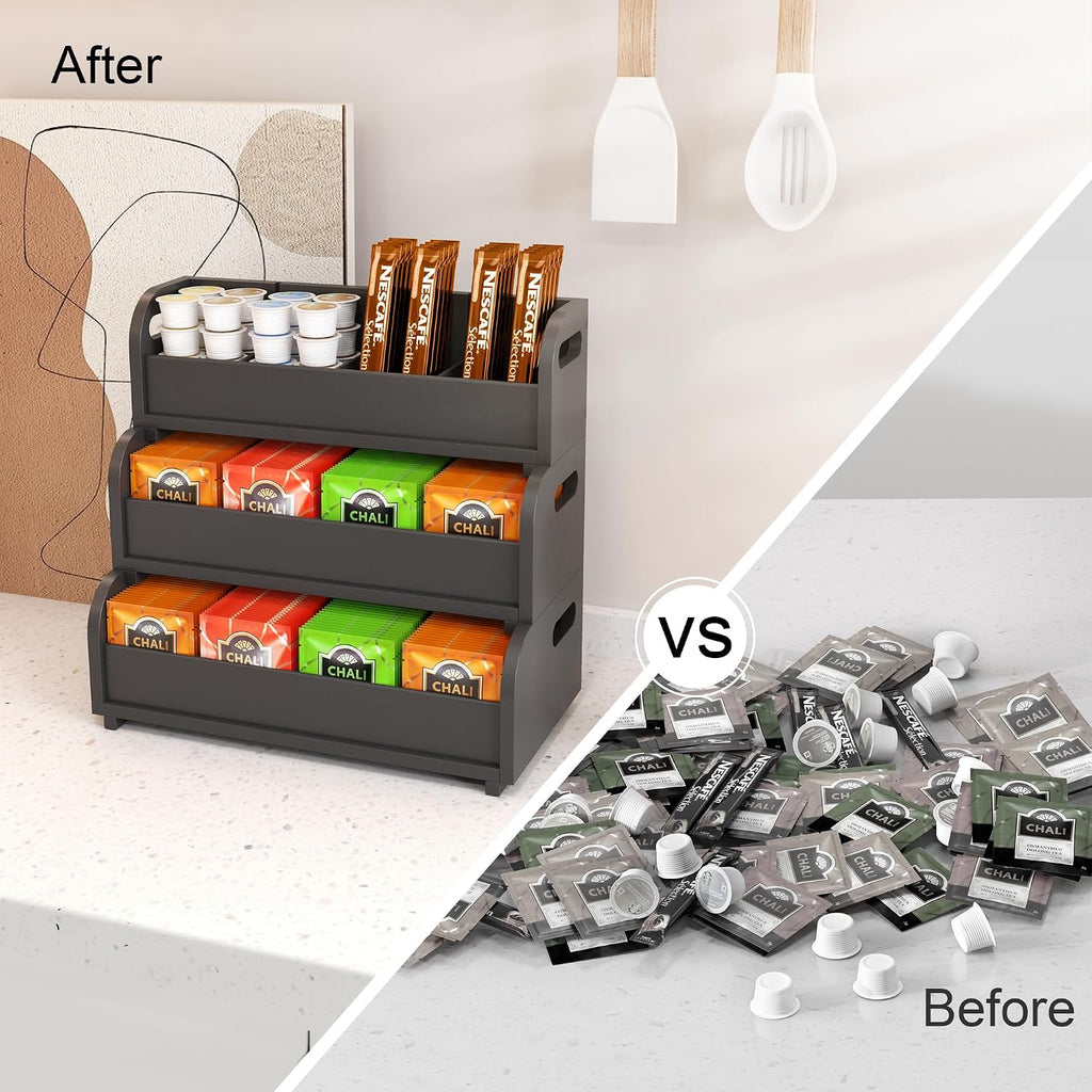 Tea Bag Organizer Storage Holder- Bamboo Countertop Teabag Display Rack 3-Tier Stackable Wall Mount Large Capacity for Pantry Kitchen Office Coffee Station (Black)