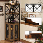 JKsmart Corner Bar Cabinet with LED Lights, 5-Tier Industrial Wine Bar Cabinet with Glass Holder, Farmhouse Liquor Cabinets with Shelf and Door, Home Bar for Coffee Bars, Rustic Brown