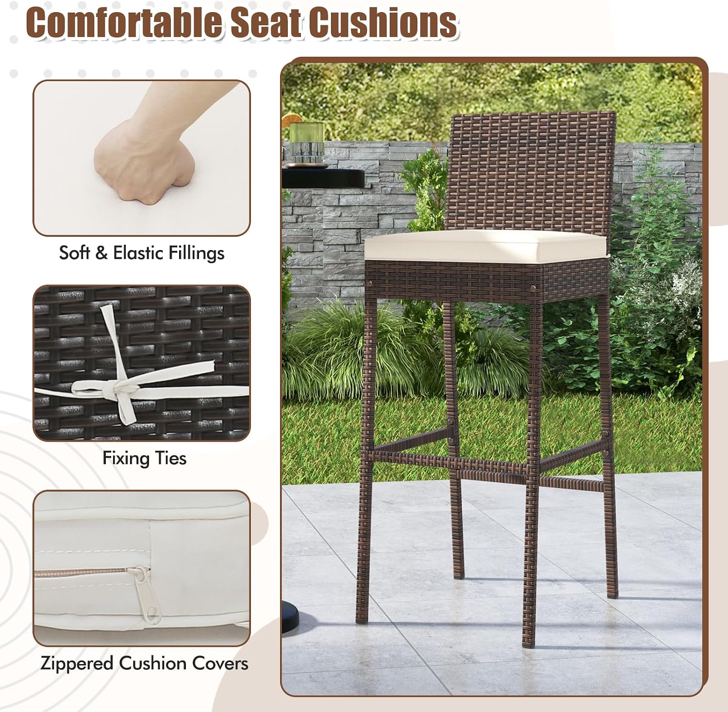 Outdoor Wicker Barstools, Patio Rattan Barstool Set of 4 with Cushion, Footrest & Heavy-Duty Metal Frame, Outdoor Bar Height Chair for Backyard & Balcony
