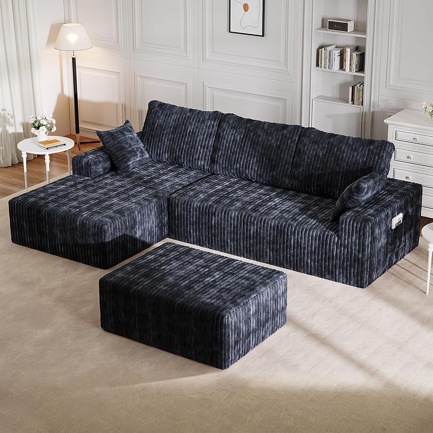 40" L Shape Sectional Sofa Ottoman, Memory Foam Cloud Couchottoman, No Assembly Required, Oversized Chaise Modular Ottoman Couches for Living Room, Office, Apartment - Left/Right, Gray