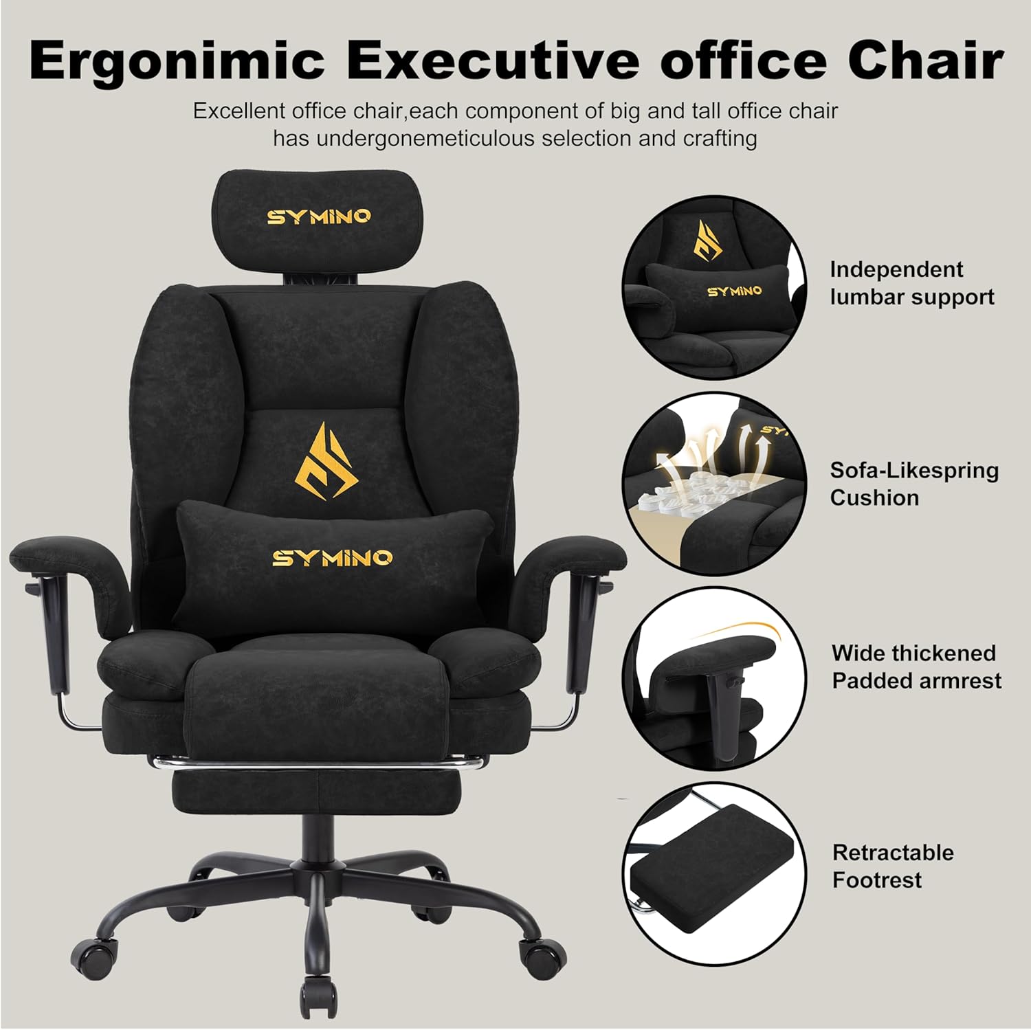 Symino Gaming Chair with Foot Rest, Unique Up/Down Armrests, PU Leather Ergonomic High Back Chair, 150° Recline Solid Color Computer Desk Chair, Black