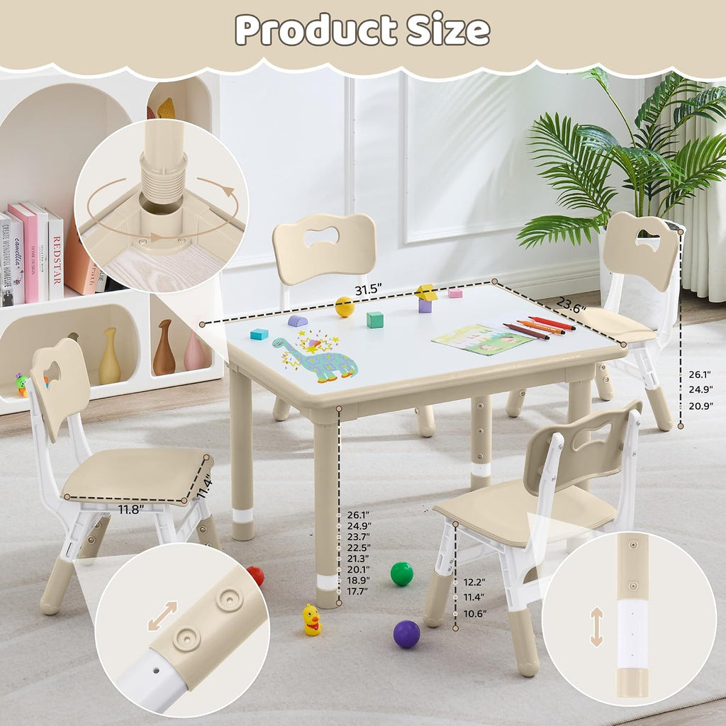 DOREROOM Kids Table and 4 Chairs Set, Height Adjustable (17.7"-26.1") Toddler Table and Chair Set, Multi-Activity Table with Graffiti Desktop, Children’s Table and Chairs for Classroom, Home & Daycare