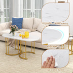 Giantex Nesting Coffee Table Set of 3, Stacking Side Tables with Faux Marble Tabletop & Gold Metal Frame, Oval Coffee Table & 2 Round End Tables, 3-Piece Modern Living Room Table Set for Apartment