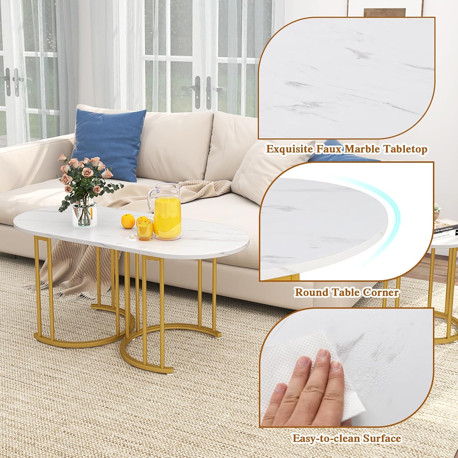 Giantex Nesting Coffee Table Set of 3, Stacking Side Tables with Faux Marble Tabletop & Gold Metal Frame, Oval Coffee Table & 2 Round End Tables, 3-Piece Modern Living Room Table Set for Apartment