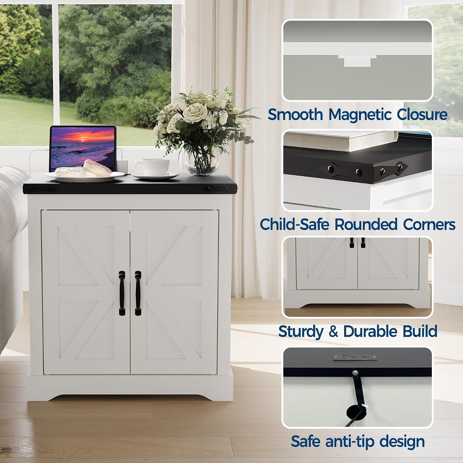 24" Farmhouse End Table with Charging Station | Rustic Sofa Side Table with Sliding Barn Door & Shelf | for Living Room, Bedroom in Antique White