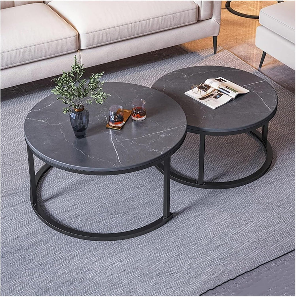 Nesting Coffee Tables Set of 2 Furniture Round Living Room Table Sets Side Tables for Bedroom with Top and Black Metal Frame(F)