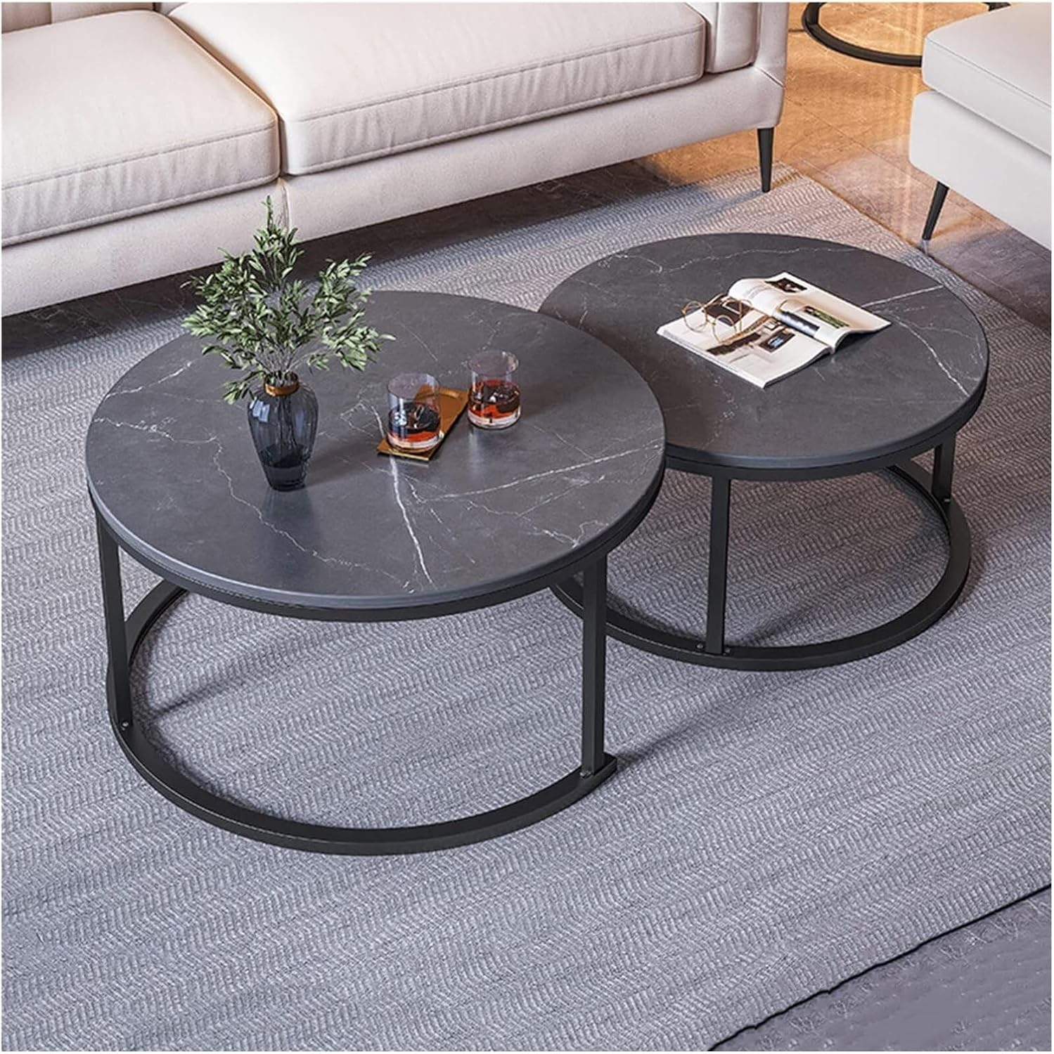 Nesting Coffee Tables Set of 2 Furniture Round Living Room Table Sets Side Tables for Bedroom with Top and Black Metal Frame(F)