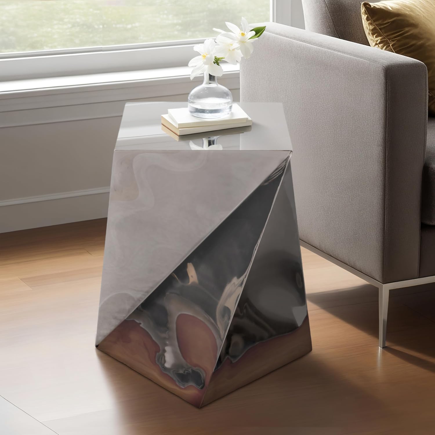 Room Decor End Table, Side Table, or Small Night Stand - Twisted Metal Accent Table for Office, Bedroom, or Living Room Decor - Abstract Decorative Bedside Table for Big or Small Spaces - 22" Silver