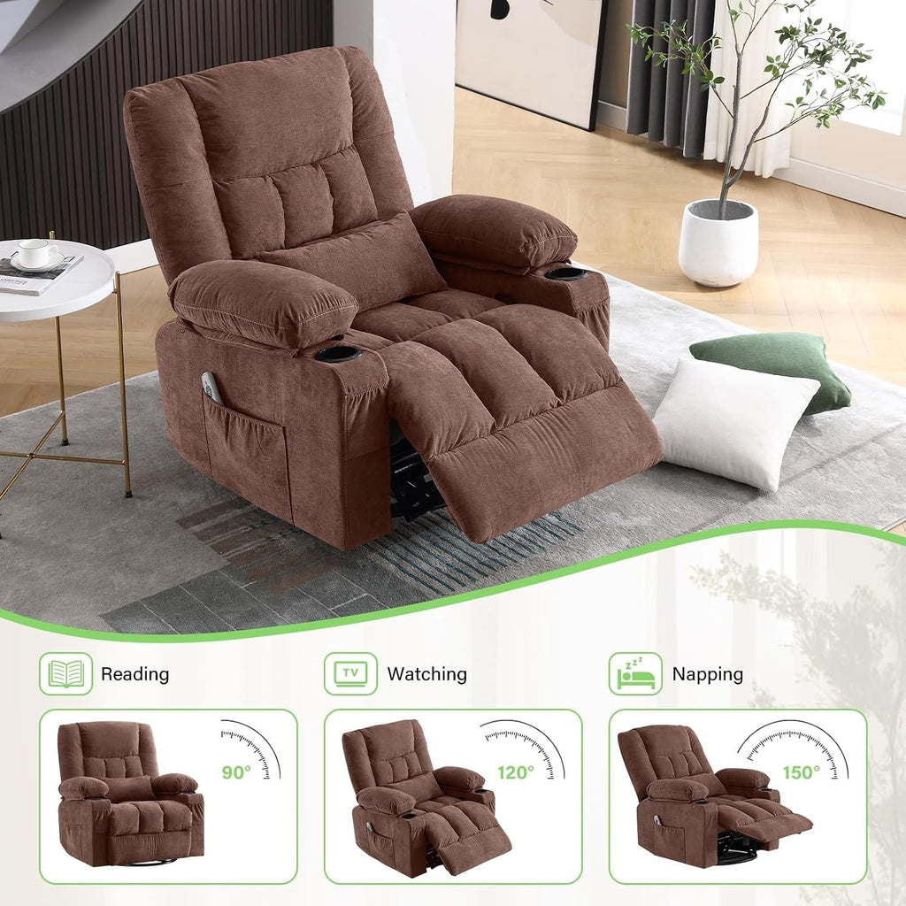 Oversized Swivel Rocker Recliner Chair for Adults, Manual Glider Recliner Sofa with Massage and Heat, Nursery Rocking Chair with Cup Holder and Side Pocket for Living Room